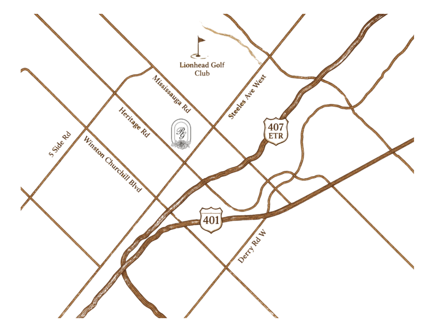 Rosemont Grove Brampton Location Map Location map of Rosemont Grove in Brampton near Heritage Road, Steeles Avenue West, Highways 401 and 407, and Lionhead Golf Club.